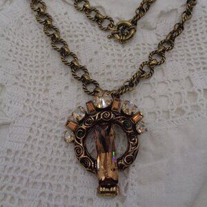 Vintage BULATTI Topaz & Champagne Crystal Statement NECKLACE Bronze Tone